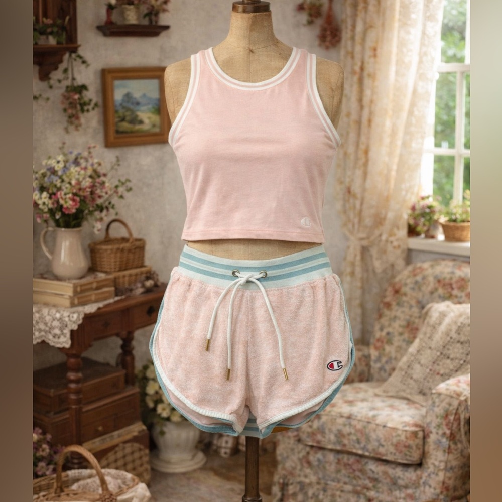 Champion Terry Cloth Pink and White Tank & Shorts Set